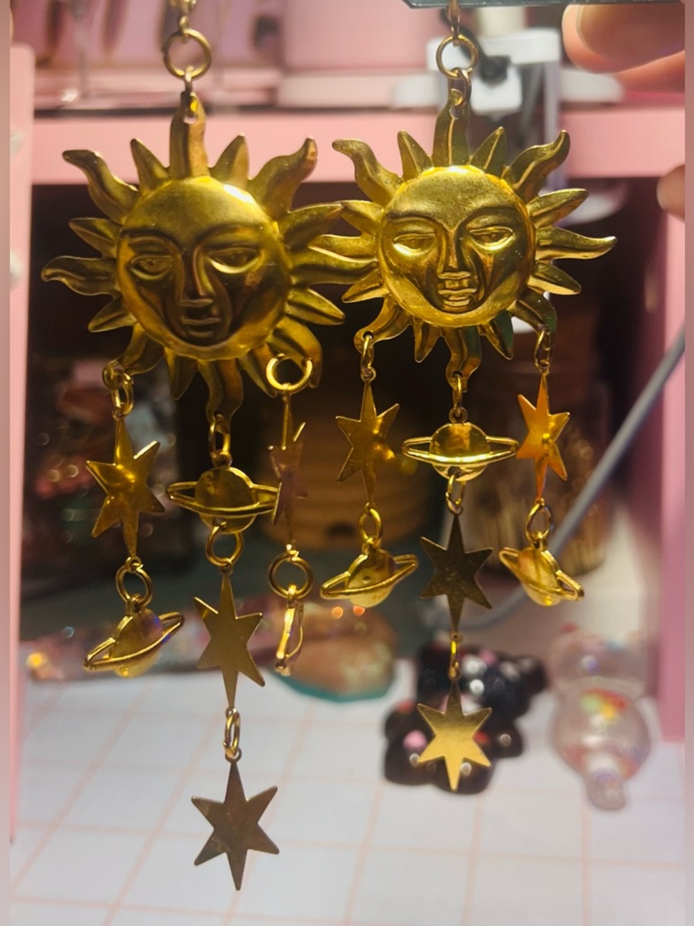 Gold Sun and Star Dangle Earrings